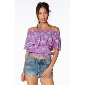 Bobi Black NWT Smocked Off The Shoulder Cropped Ruffle Top Size Medium In Peri